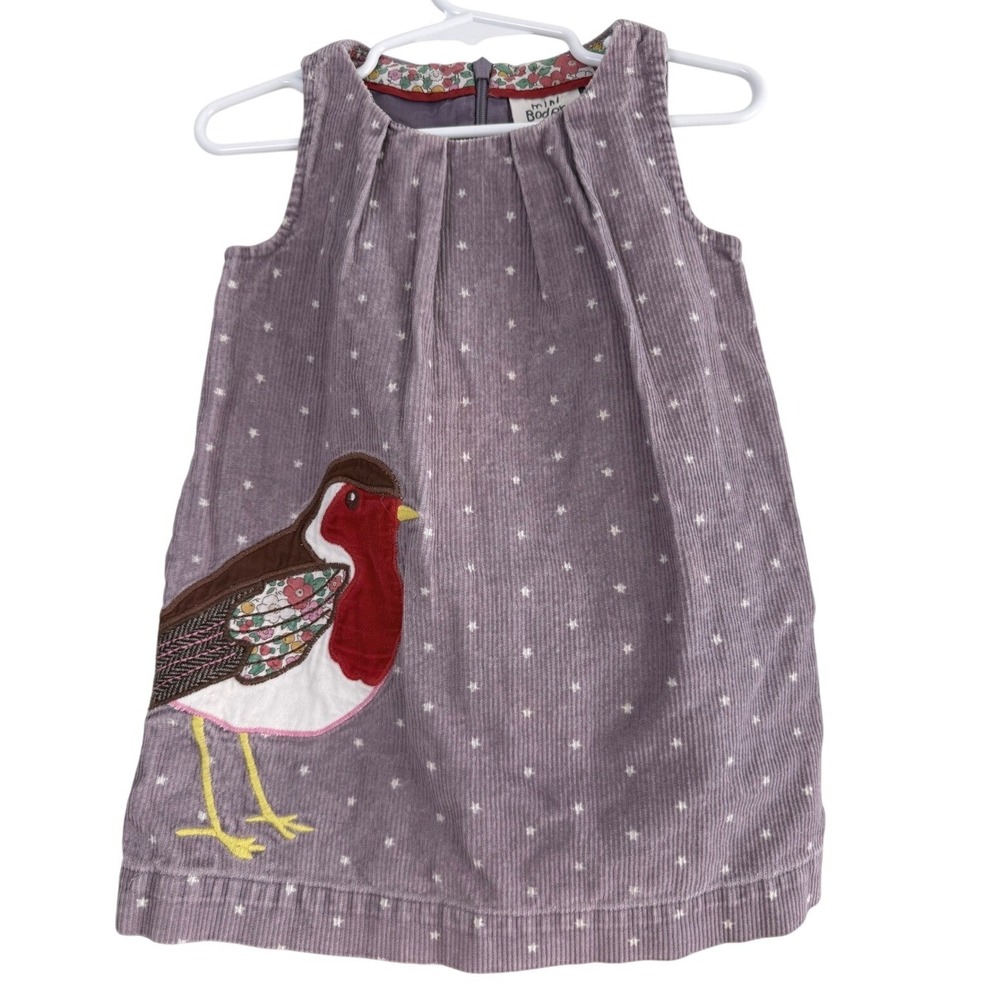 Mini Boden Kids Purple Corduroy Robin Bird Star Print Jumper Dress 1.5-2Y 33322